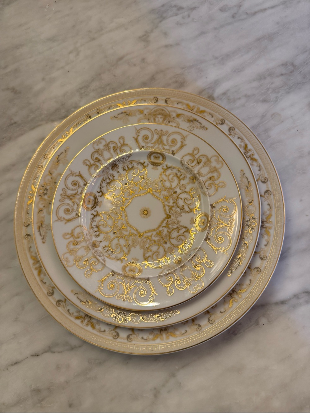 Versace White Porcelain Dinner Plate Trio with Gold Filigree